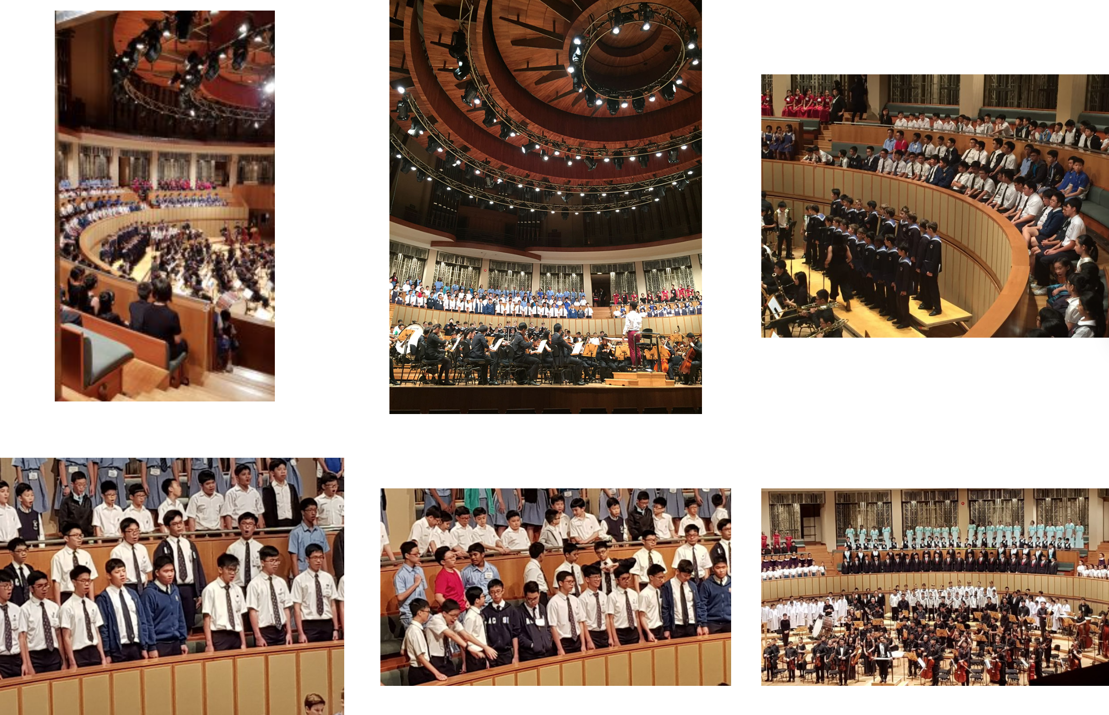 Collage of a concert hall with orchestra below and large student choirs seated and standing in tiered rows